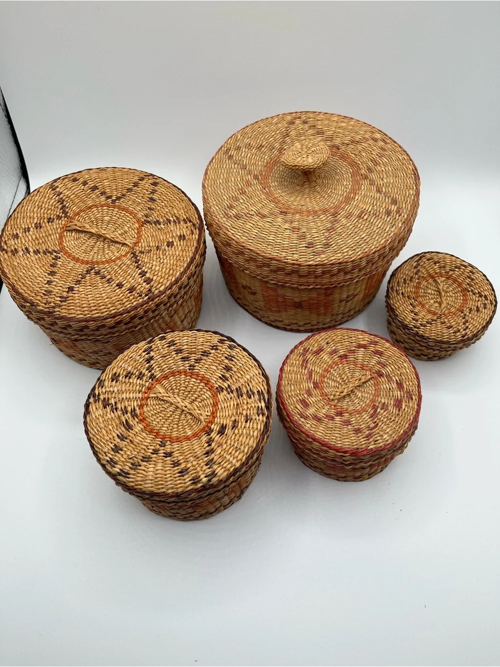 Vintage Handwoven Baskets with Lids - Set of 5